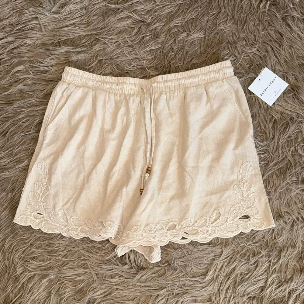 New Ellen Tracy Linen Drawstring Boho Embroidered Shorts Tan Women's size L